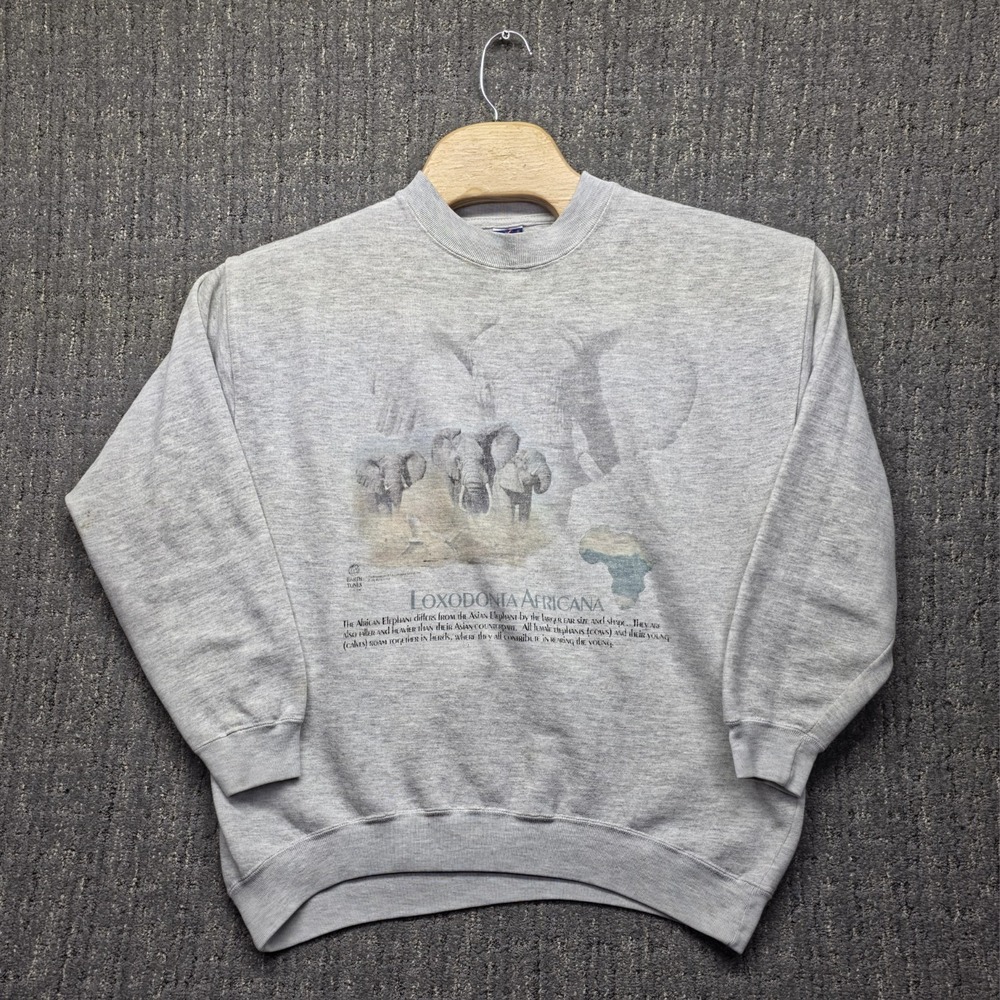 VTG 90s Earth Tones Elephant Sweatshirt Mens Large Grey Art Loxodonta Craig Rone